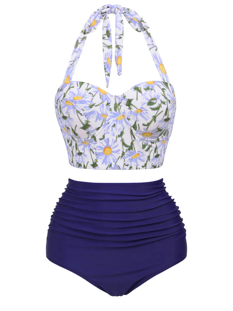 1950s Floral Halter Lace-up Bikini Set