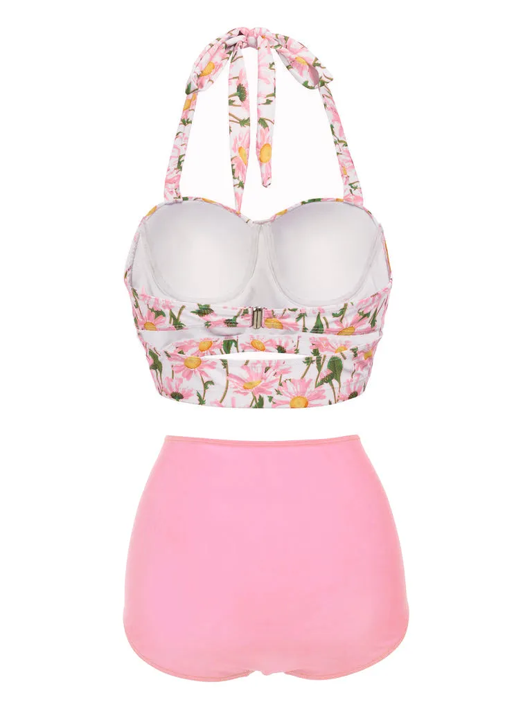 1950s Floral Halter Lace-up Bikini Set