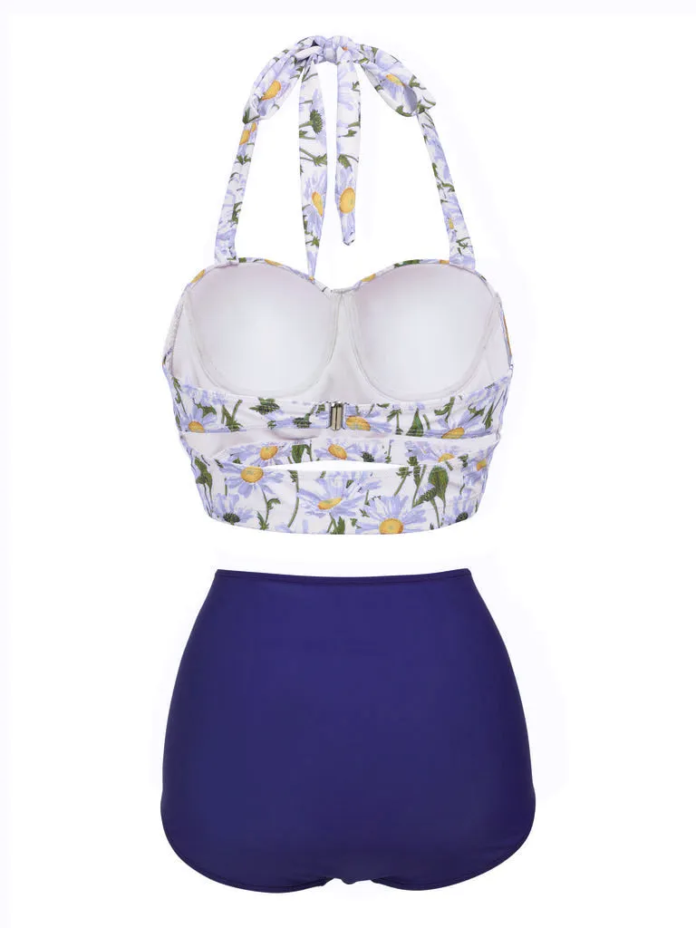 1950s Floral Halter Lace-up Bikini Set