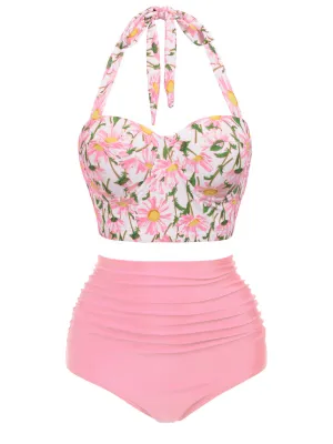1950s Floral Halter Lace-up Bikini Set