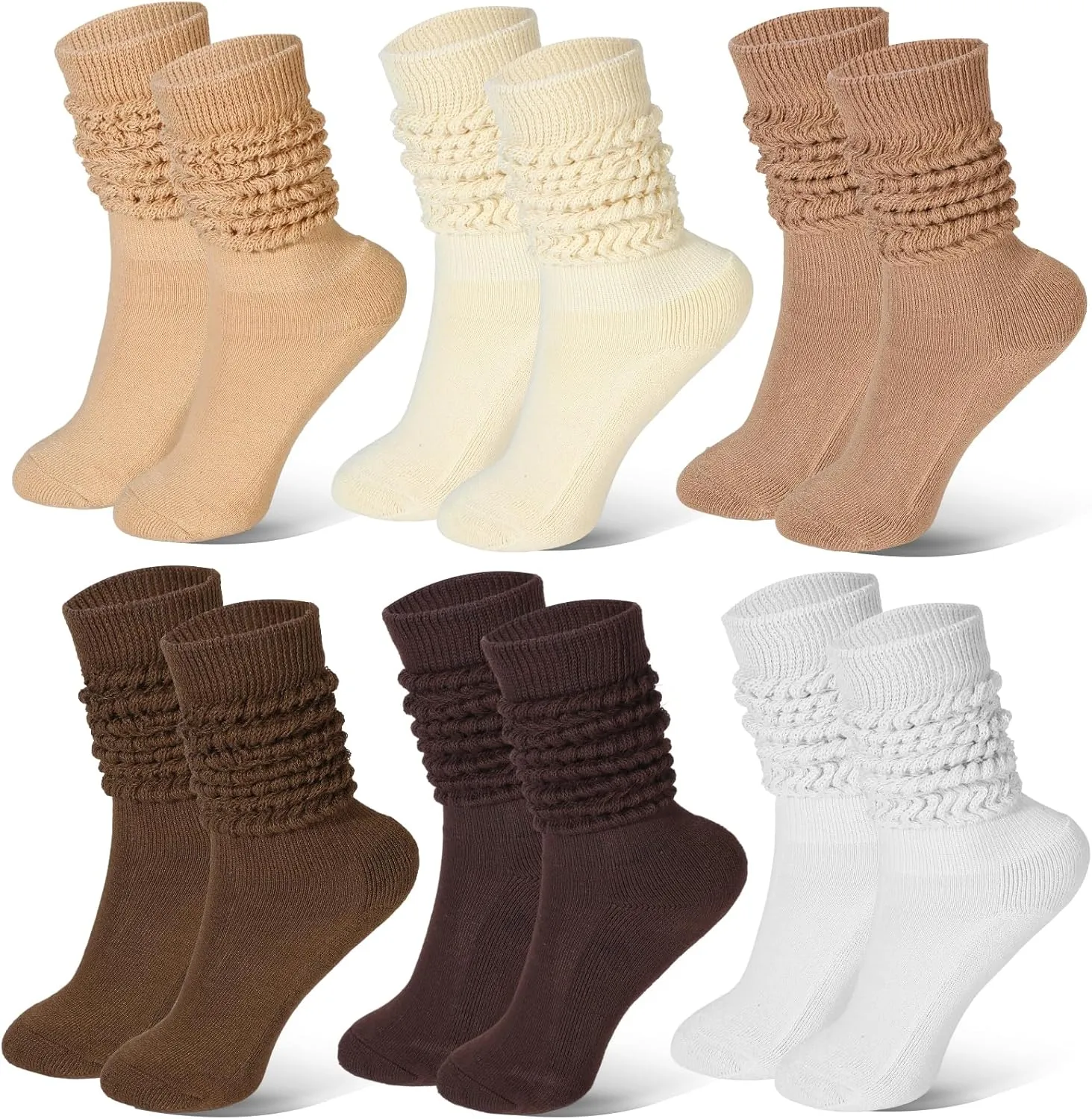 6 Pairs Women's Slouch Socks - Scrunch Cotton Knit Stacked Boot Socks, Knee High Long for Women Men, Brown, Medium