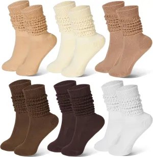 6 Pairs Women's Slouch Socks - Scrunch Cotton Knit Stacked Boot Socks, Knee High Long for Women Men, Brown, Medium