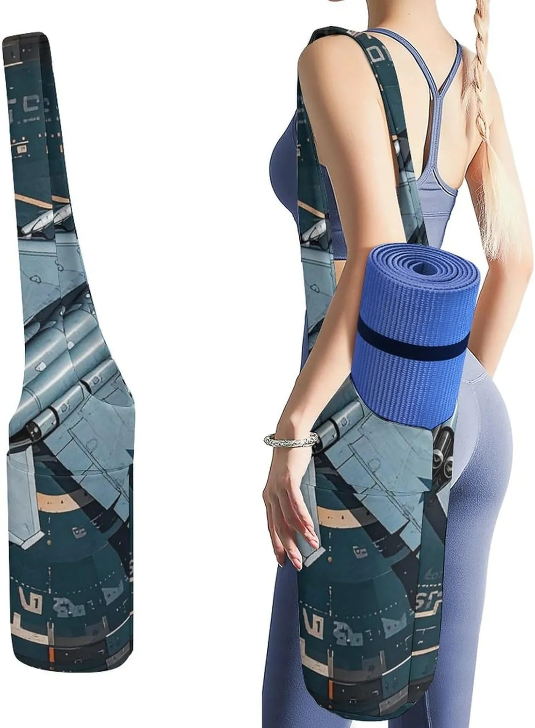 Air Force Fighter Jet Yoga Mat Bag, Durable Canvas Yoga Mat Storage Bag with Water Bottle Pocket And Bottom Wet Bag, Fits Most Size Yoga Mats