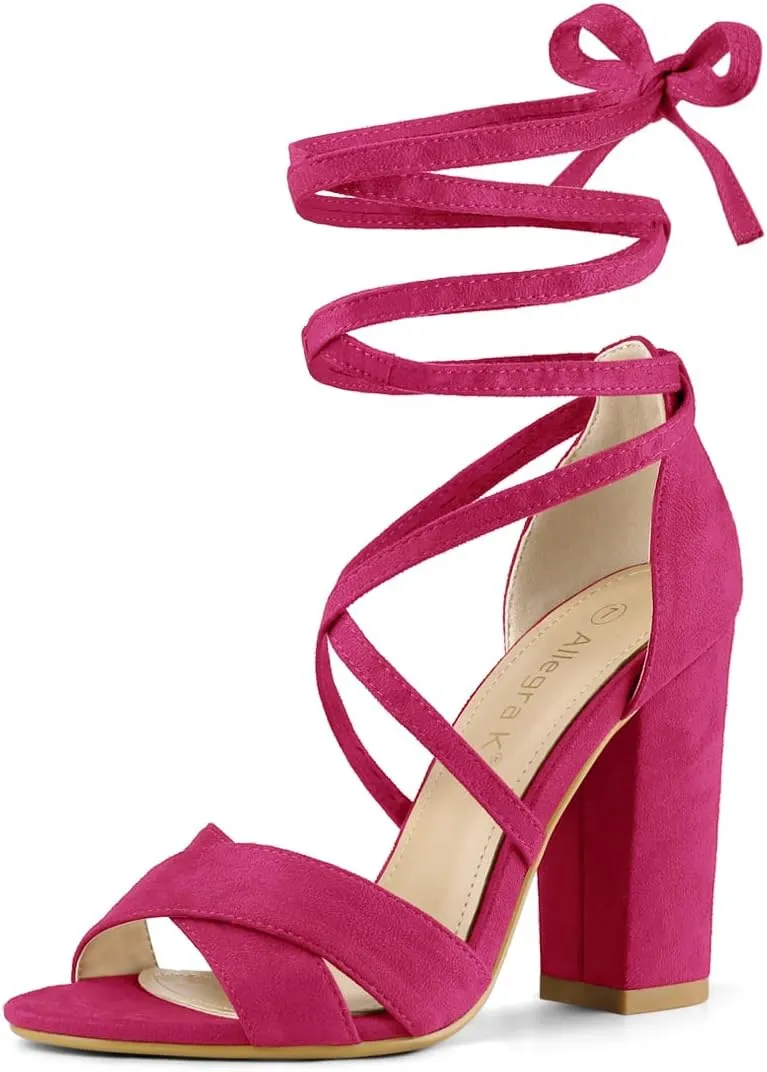 Allegra K Women's Block Heeled Lace Up Hot Pink Sandals 7.5 M US