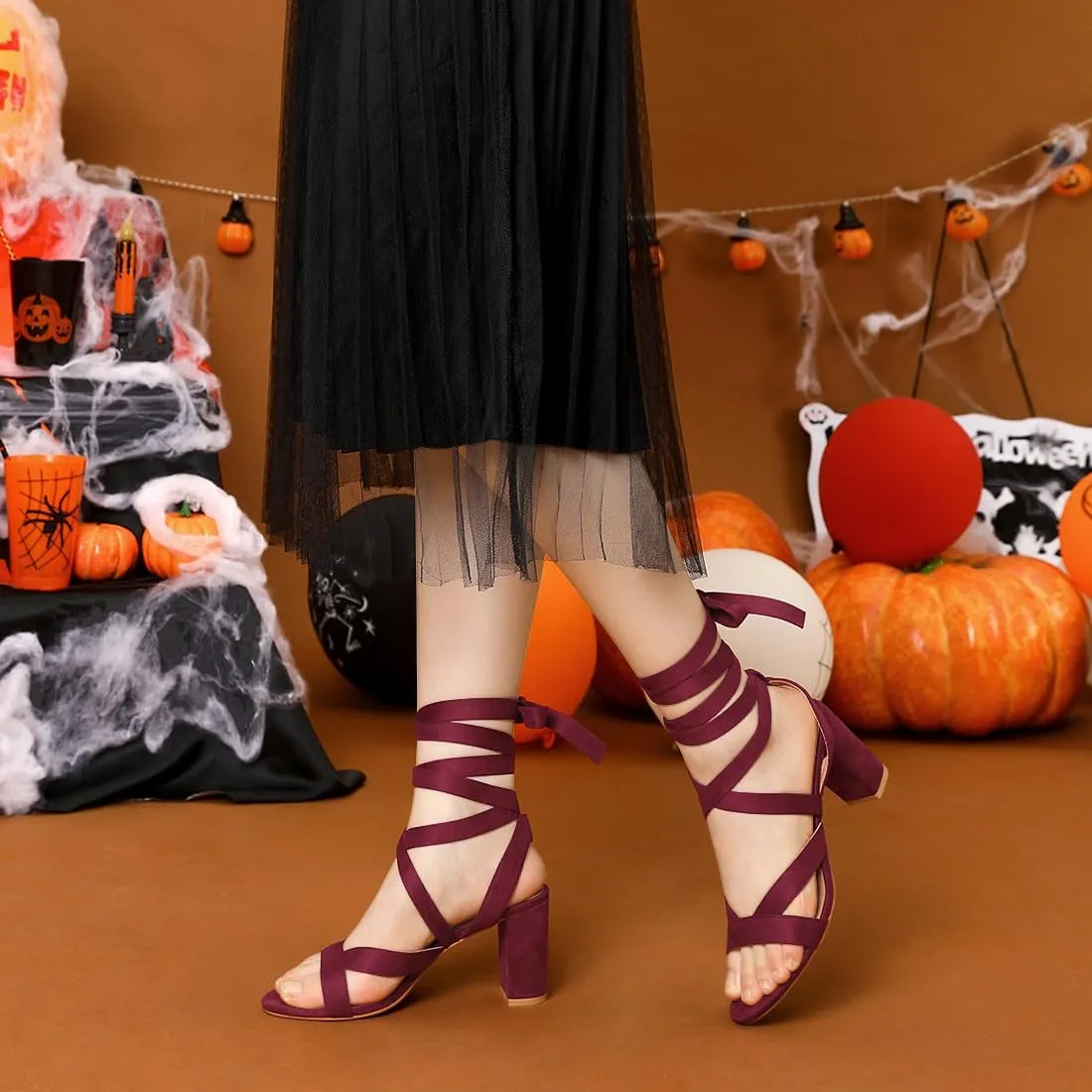 Allegra K Women's Crisscross Chunky Heel Lace Ups Sandals