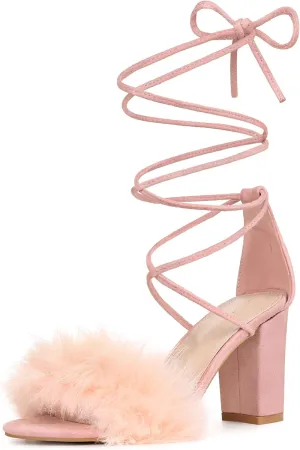 Allegra K Women's Faux Fur Lace Up Strappy Chunky Heels Sandals