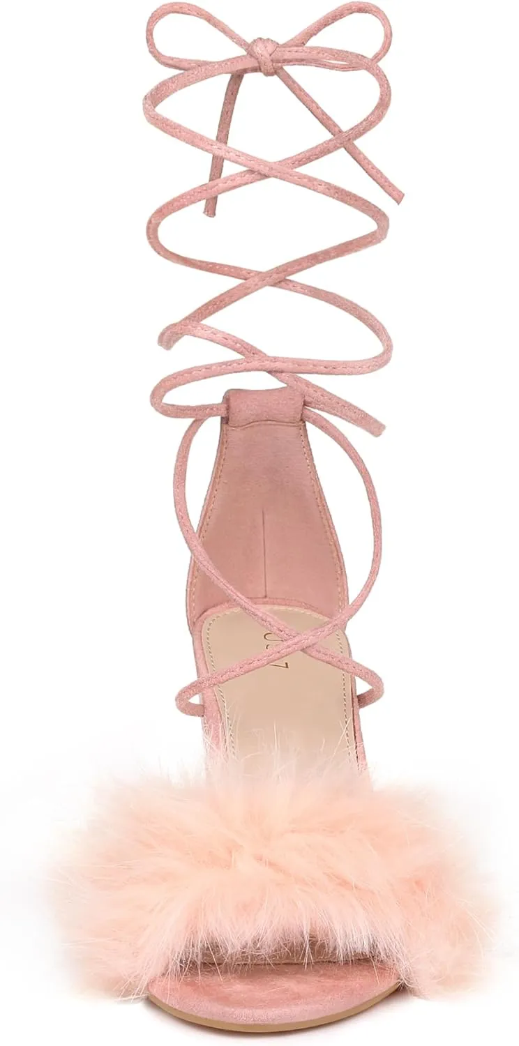 Allegra K Women's Faux Fur Lace Up Strappy Chunky Heels Sandals