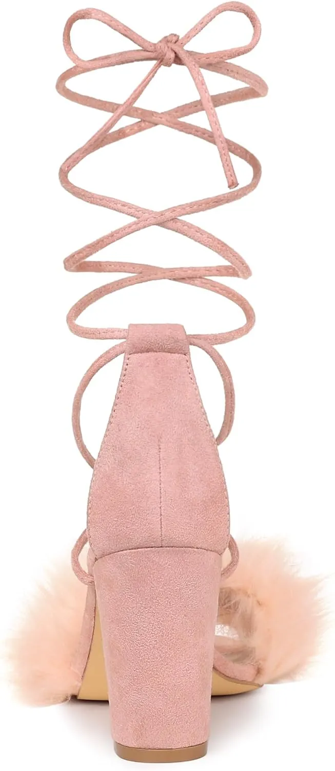 Allegra K Women's Faux Fur Lace Up Strappy Chunky Heels Sandals
