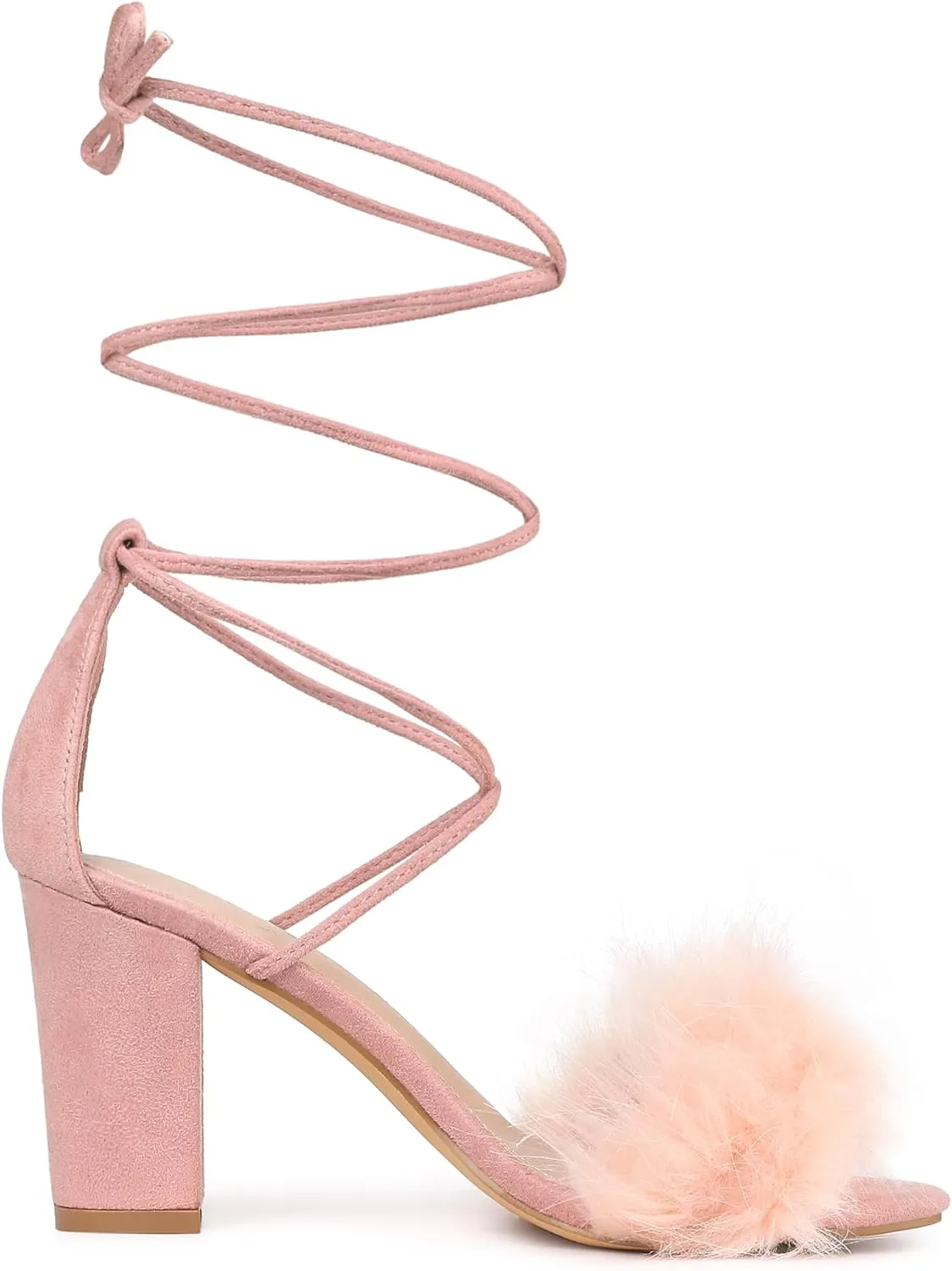 Allegra K Women's Faux Fur Lace Up Strappy Chunky Heels Sandals