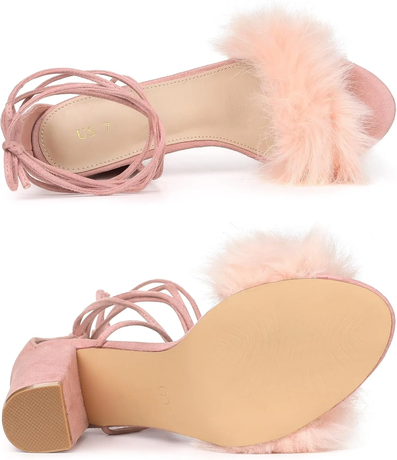 Allegra K Women's Faux Fur Lace Up Strappy Chunky Heels Sandals