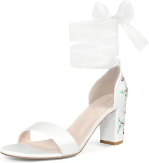 Allegra K Women's Floral Heels Satin Lace Up Chunky Heel Sandals