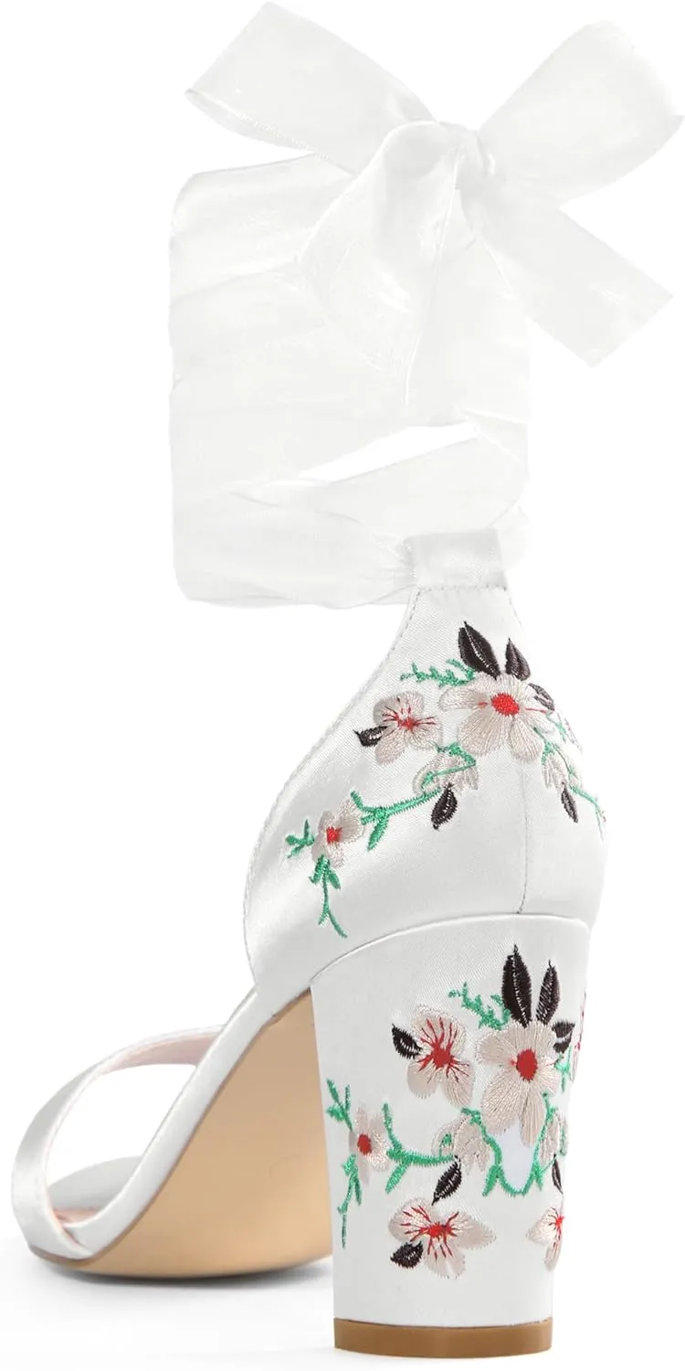 Allegra K Women's Floral Heels Satin Lace Up Chunky Heel Sandals