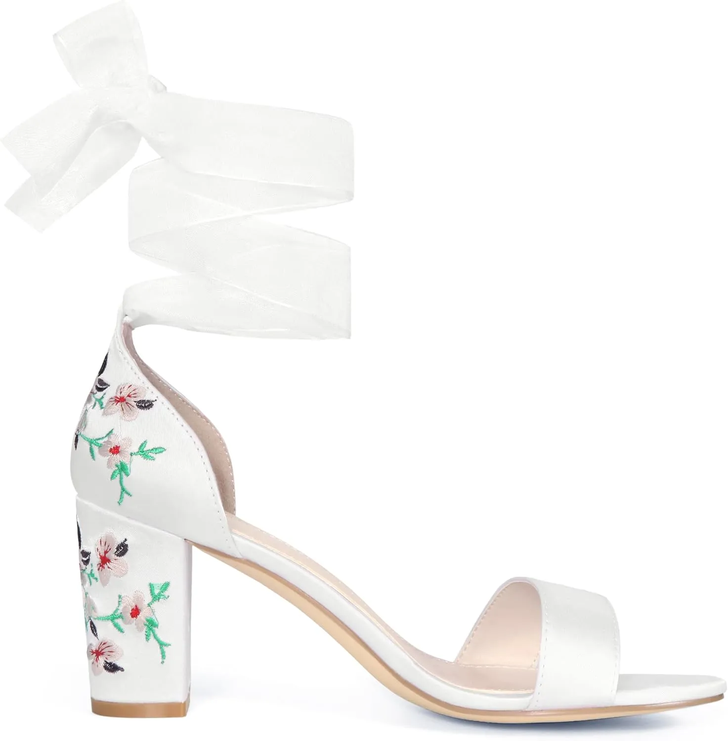 Allegra K Women's Floral Heels Satin Lace Up Chunky Heel Sandals