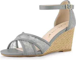 Allegra K Women's Floral Lace Mesh Wedges Sandals