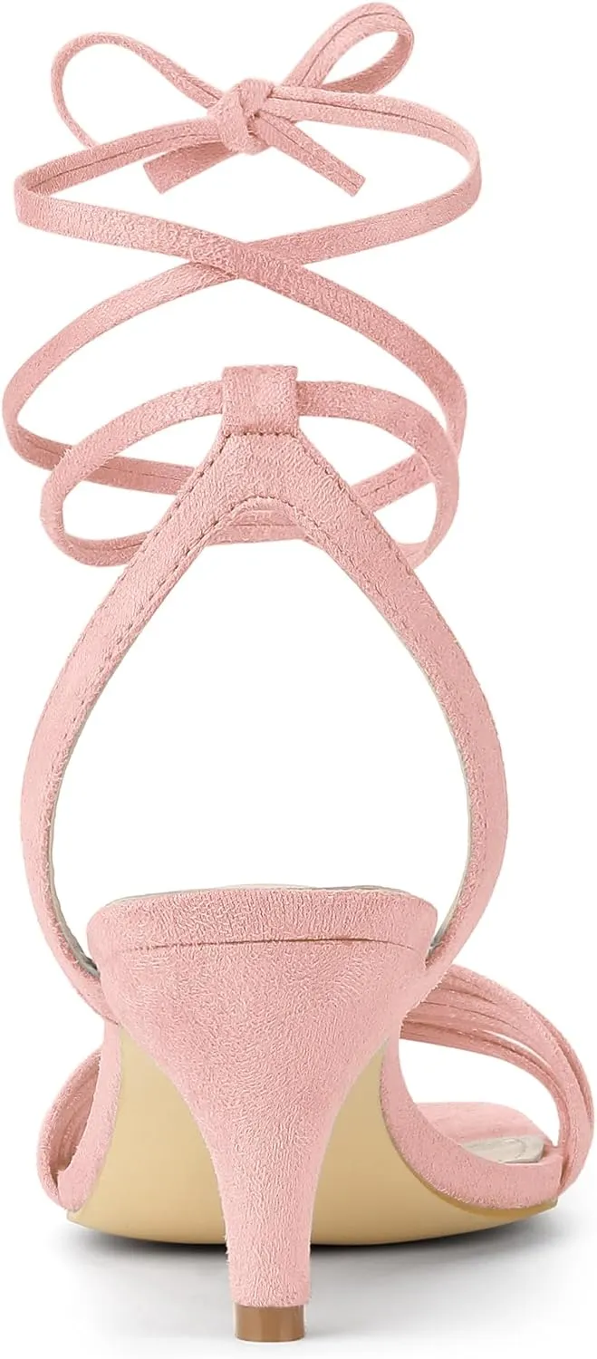 Allegra K Women's Kitten Heel Lace Up Suede Heel Sandals