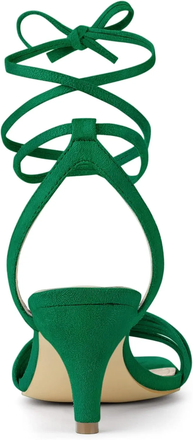 Allegra K Women's Kitten Heel Lace Up Suede Heel Sandals