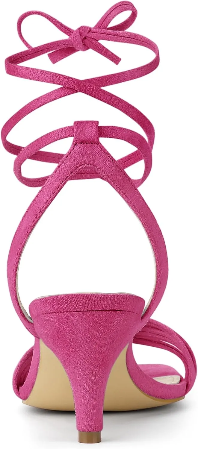 Allegra K Women's Kitten Heel Lace Up Suede Heel Sandals