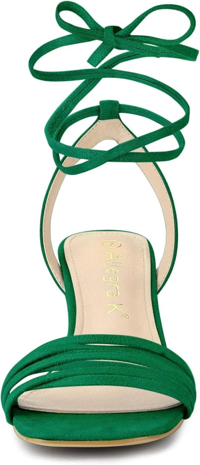 Allegra K Women's Kitten Heel Lace Up Suede Heel Sandals