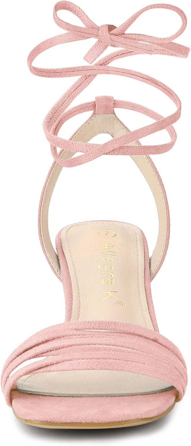Allegra K Women's Kitten Heel Lace Up Suede Heel Sandals