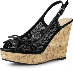 Allegra K Women's Lace Platform Wedges Wedge Heel Sandals