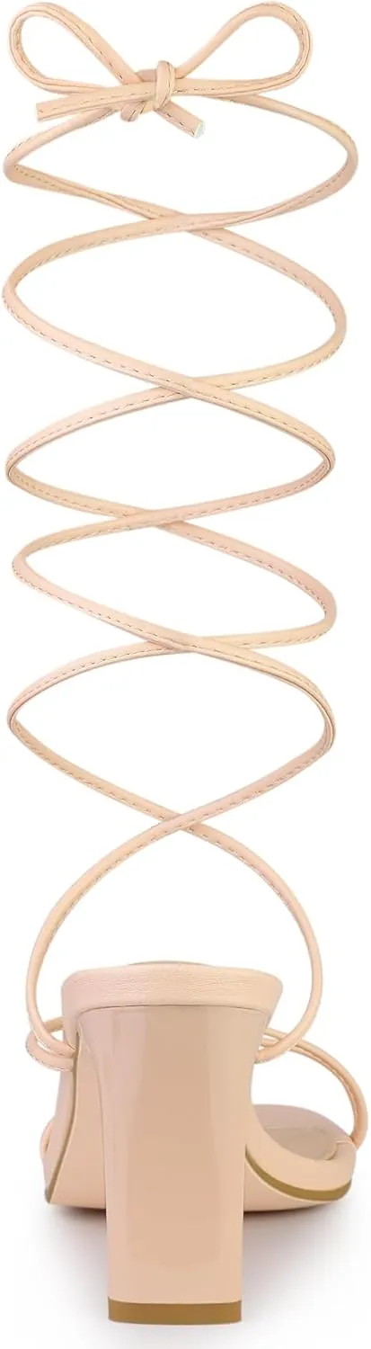 Allegra K Women's Lace Up Strappy Block High Heel Sandals