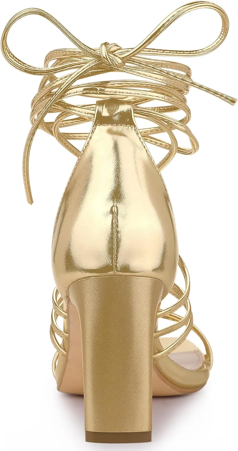 Allegra K Women's Lace Up Strappy Chunky High Heels Sandals
