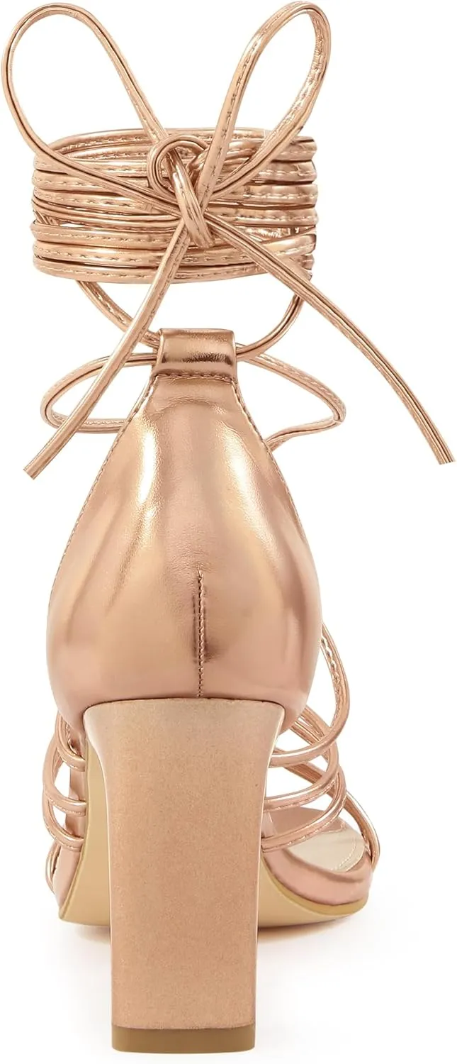Allegra K Women's Lace Up Strappy Chunky High Heels Sandals