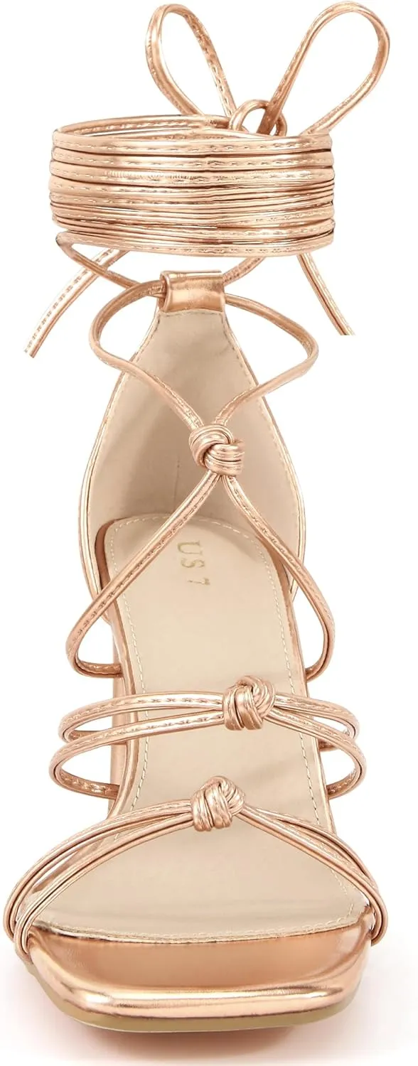 Allegra K Women's Lace Up Strappy Chunky High Heels Sandals