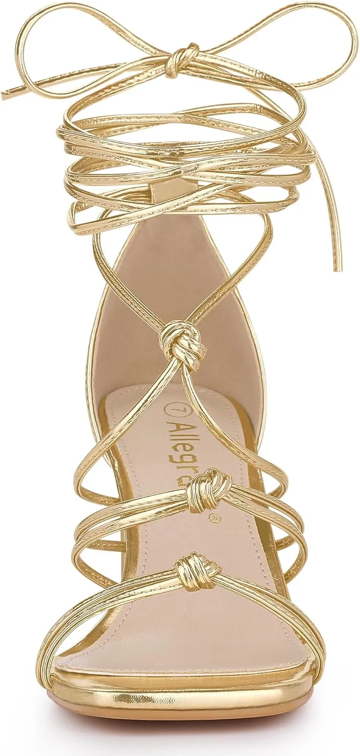 Allegra K Women's Lace Up Strappy Chunky High Heels Sandals