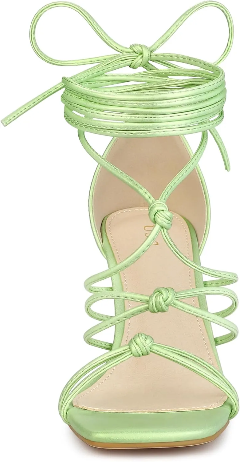 Allegra K Women's Lace Up Strappy Chunky High Heels Sandals
