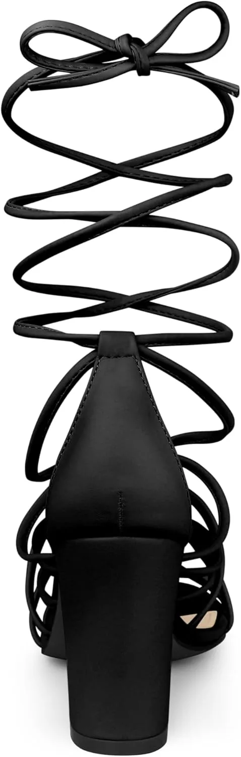Allegra K Women's Lace Up Strappy Heel Chunky Heel Sandals