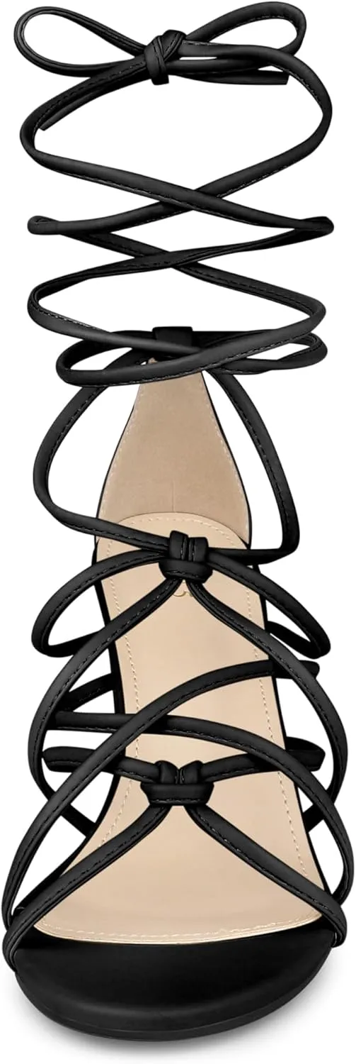 Allegra K Women's Lace Up Strappy Heel Chunky Heel Sandals