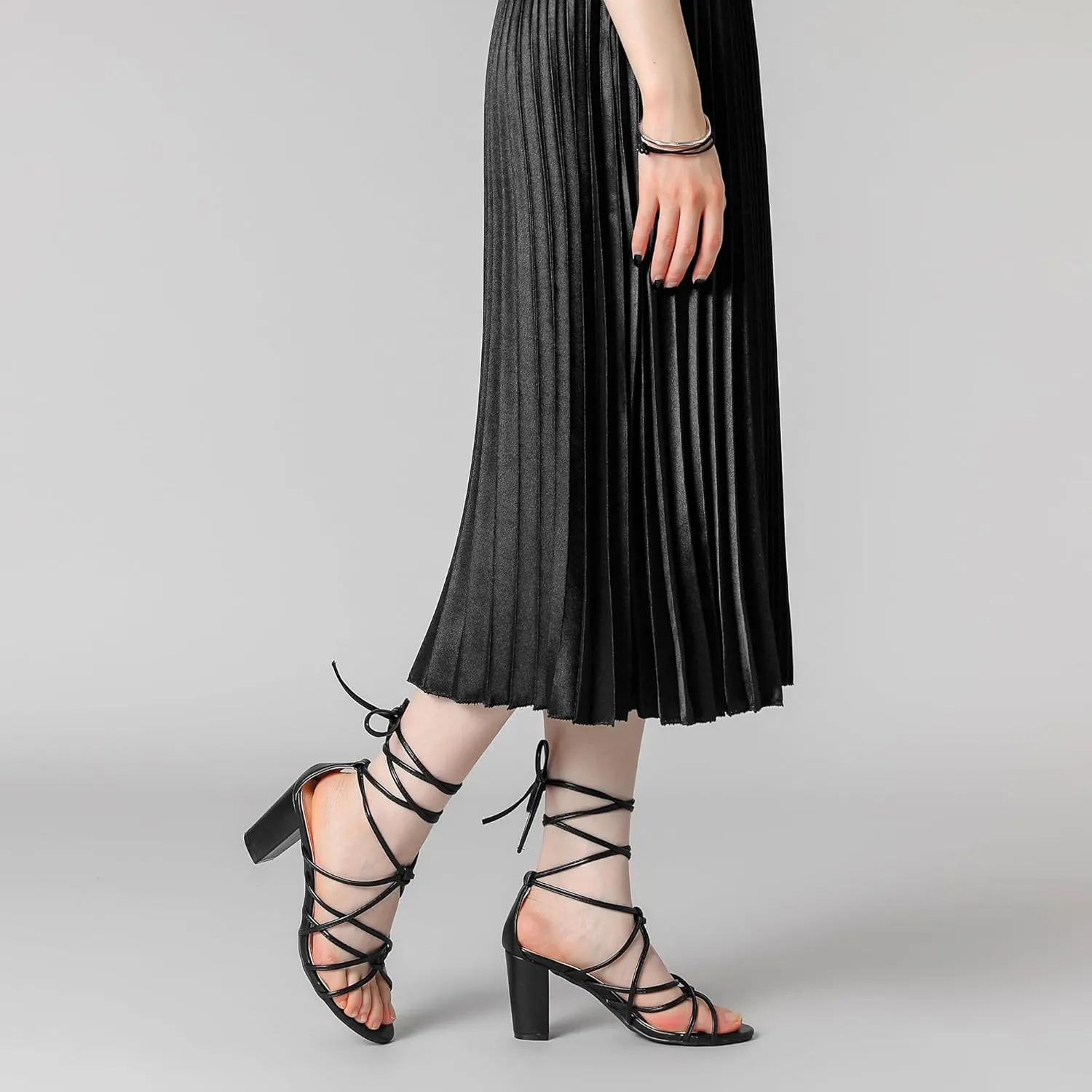 Allegra K Women's Lace Up Strappy Heel Chunky Heel Sandals
