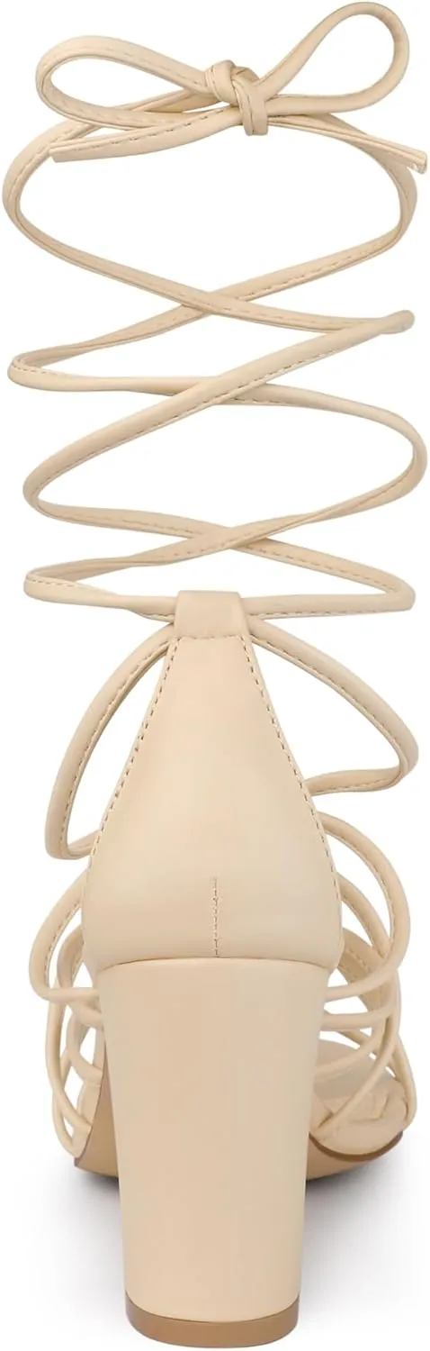 Allegra K Women's Lace Up Strappy Heel Chunky Heel Sandals