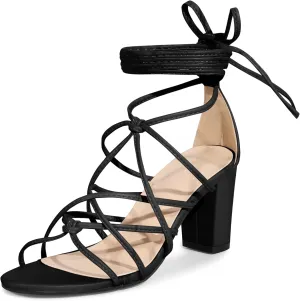 Allegra K Women's Lace Up Strappy Heel Chunky Heel Sandals