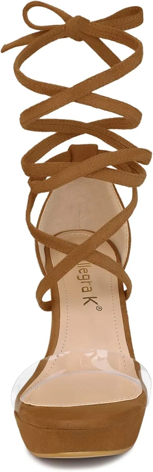 Allegra K Women's Platform Lace Up Clear Chunky Heels Sandals