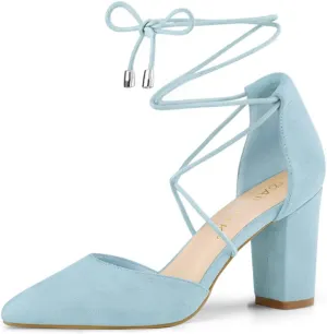 Allegra K Women's Pointed Toe Chunky Heels Lace Up Sandals Pumps