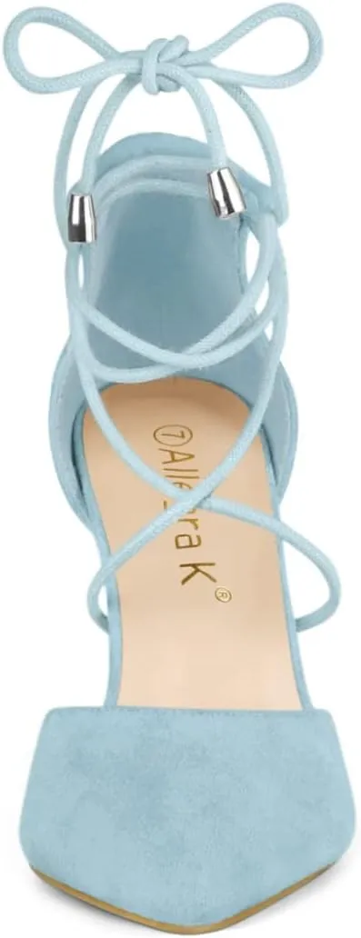 Allegra K Women's Pointed Toe Chunky Heels Lace Up Sandals Pumps