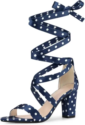 Allegra K Women's Polka Dots Strappy Heels Lace Up Chunky Heels Sandals