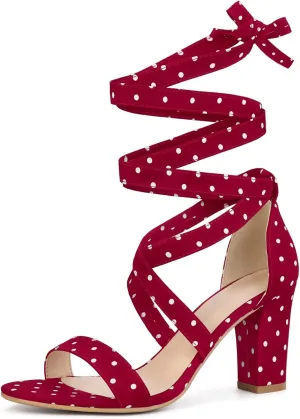 Allegra K Women's Polka Dots Strappy Heels Lace Up Chunky Heels Sandals