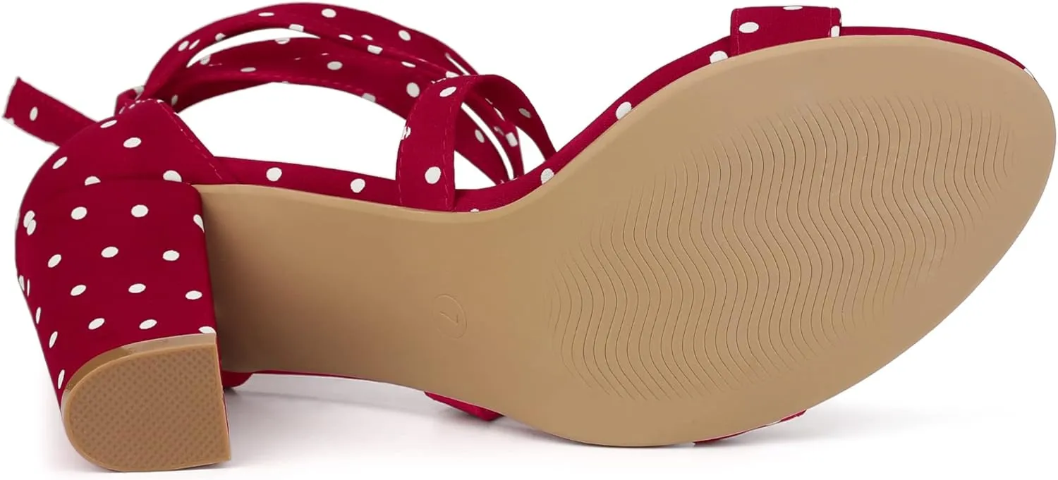 Allegra K Women's Polka Dots Strappy Heels Lace Up Chunky Heels Sandals