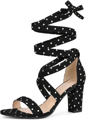 Allegra K Women's Polka Dots Strappy Heels Lace Up Chunky Heels Sandals