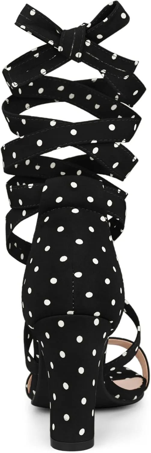 Allegra K Women's Polka Dots Strappy Heels Lace Up Chunky Heels Sandals