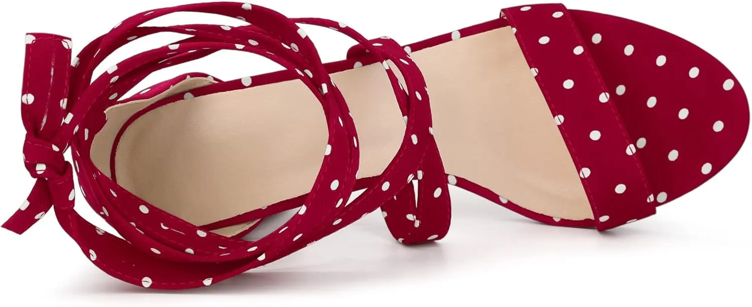 Allegra K Women's Polka Dots Strappy Heels Lace Up Chunky Heels Sandals