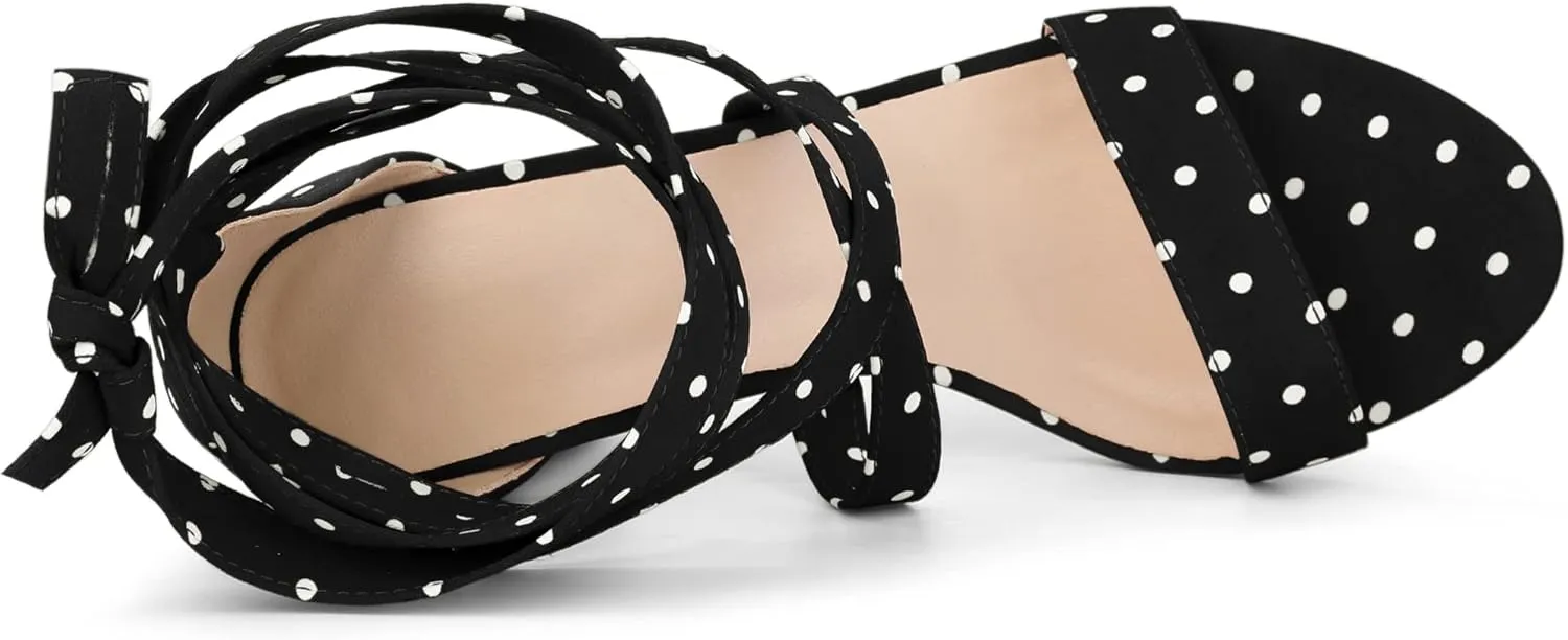Allegra K Women's Polka Dots Strappy Heels Lace Up Chunky Heels Sandals