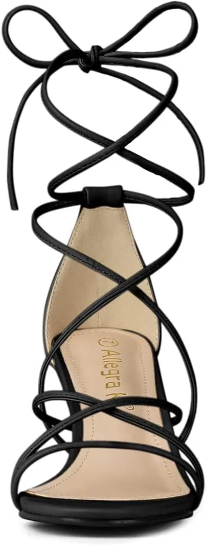 Allegra K Women's Strappy Kitten Heel Lace Up Sandals