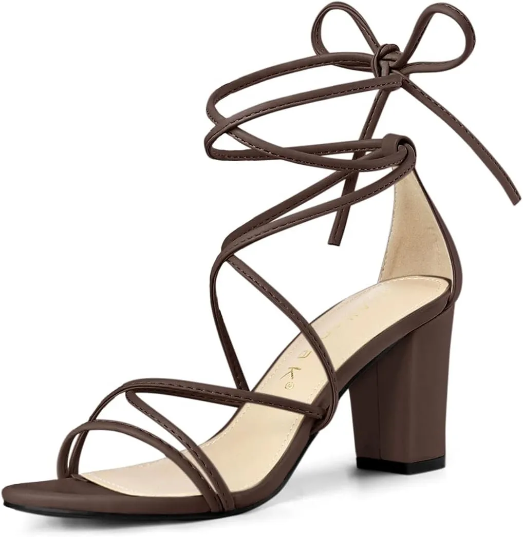 Allegra K Women's Strappy Lace Up Chunky Heeled Sandals