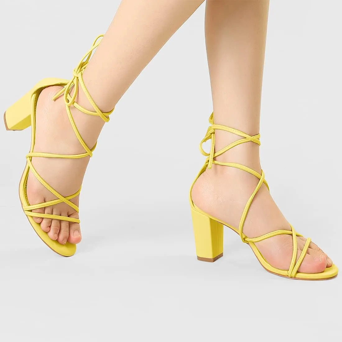 Allegra K Women's Strappy Lace Up Chunky Heeled Sandals
