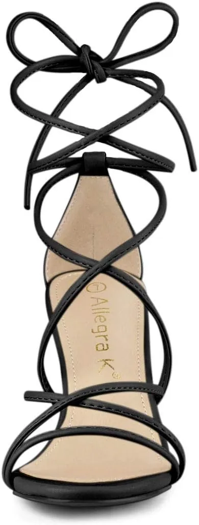 Allegra K Women's Strappy Lace Up Chunky Heeled Sandals