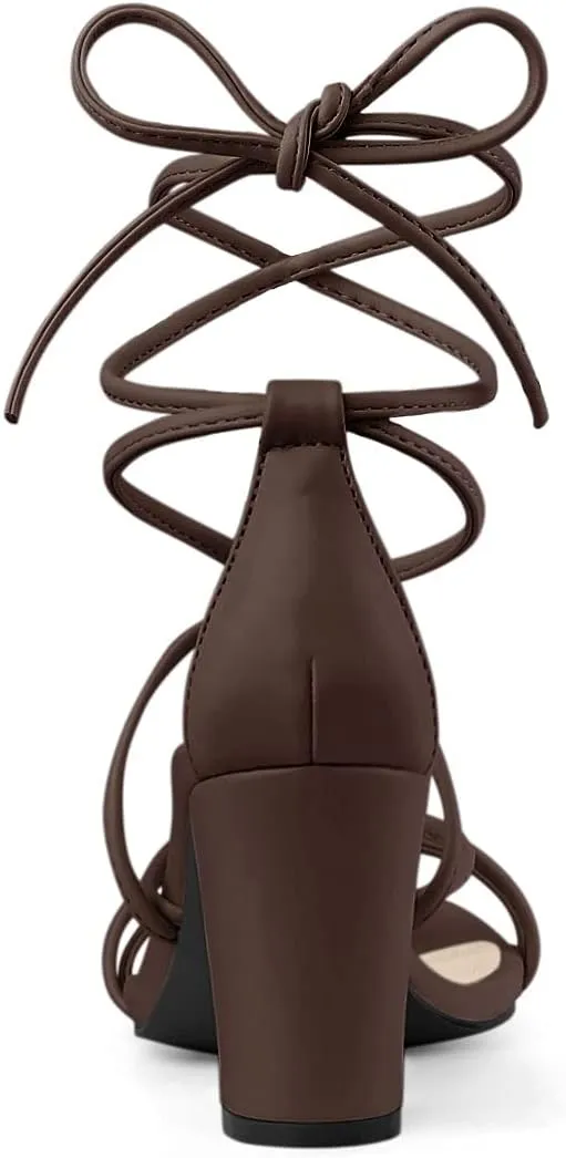 Allegra K Women's Strappy Lace Up Chunky Heeled Sandals